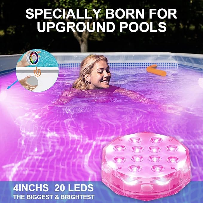 4” 20 LED Submersible LED Light - Independently and Group Controlled Pairable with Remote Magnetic Rechargeable Underwater Pool Light, Super Bright, Super Strong Magnet (1 Pack)
