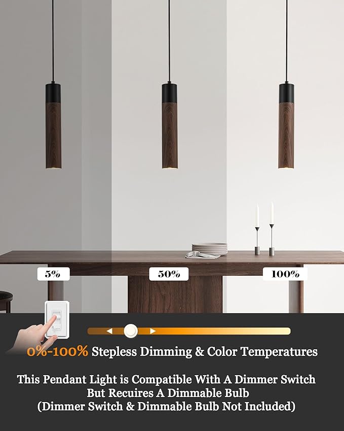 ELYONA LED Pendant Lights for Kitchen Island Walnut Wood Grain & Matte Black Metal, Modern Cylinder Pendant Light Fixtures for Dining Room Bedroom Office, GU10 Bulbs Included Adjustable Height, 3 Pack