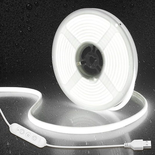 Aclorol 5V COB LED Strip Light 6000K Cold White Waterproof IP67 Dimmable 20FT LED Rope Lights with Timer 8mm Width for Bedroom Kitchen Balcony Railing Pergola Indoor Outdoor Lighting Decoration CRI90+