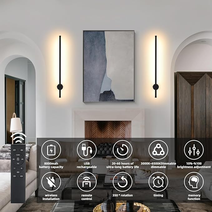LED Wireless Wall Sconce with Remote Control, Dimmable/350° Rotate/Timing/USB Rechargeable Battery Powered Indoor Wall Lamps, 23.6 inch Black Wall Lights Set of Two for Hallway, Living Room, Bedroom