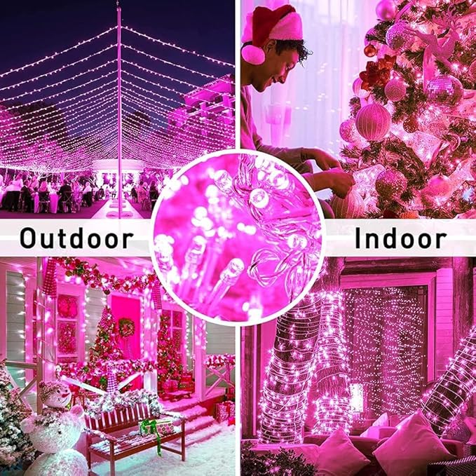FULLBELL 66 Ft 200 LED Pink Christmas Lights - Waterproof Fairy Lights with Memory Function, 8 Modes, for Indoor Outdoor Holiday Party & Tree Decor.