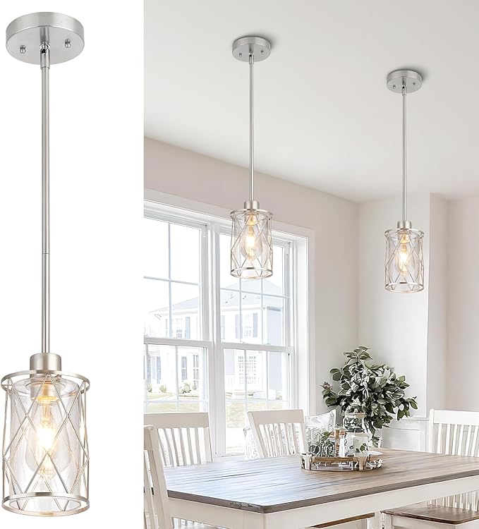 Refice Glass Pendant Lights Kitchen Island, Brushed Nickel Kitchen Hanging Light with Clear Glass, Farmhouse Cage Mini Pendant Lighting for Sink Dining Room Bedroom Bar, 1 Pack