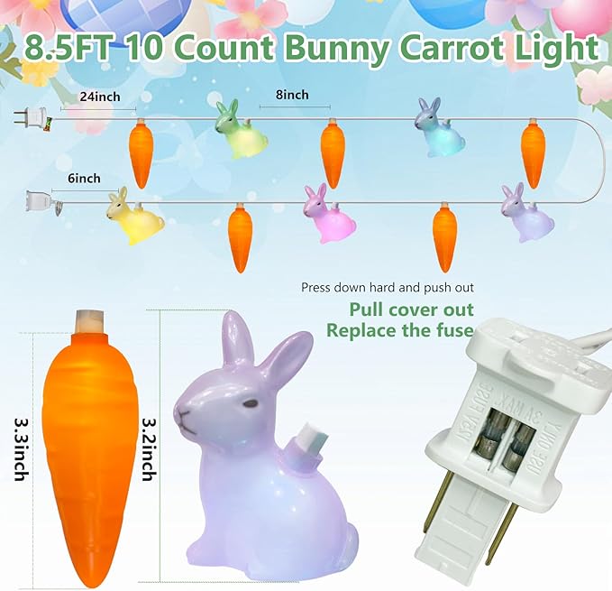 Easter Bunny Carrot String Lights, 8.5ft 10 Count Connectable Plug in Rabbit Light, UL Certified Multicolor Decor for Kids Bedroom Easter Tree Window Spring Holiday