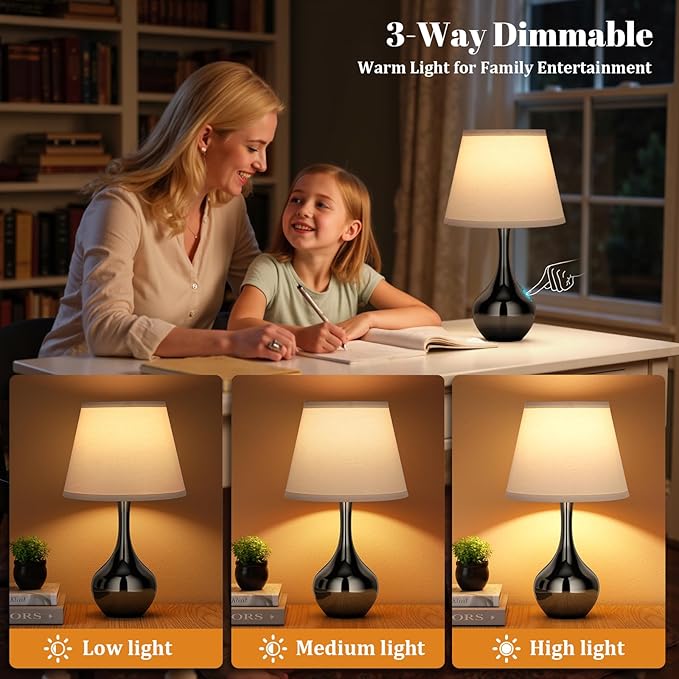 Seealle Touch Table Lamp for Bedroom, 3-Way Dimmable Small Bedside Lamps for Night Stands with Wires, Pearl-Black Desk Lamp for Kids Room, Office, Living Room, End Table(LED Bulb Included)