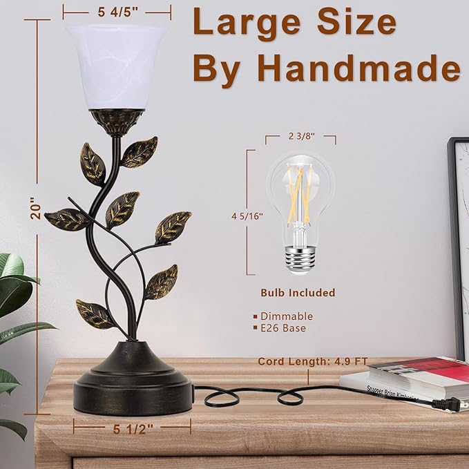 Bedside Lamps Set of 2, 20 Inch Retro Style Table Lamp for Bedroom Touch Control 3-Way Dimmable with USB C+A Charging Ports, Torchiere Lamps for Night Stands Metal Leaf and Glass Shade, Bulbs Included