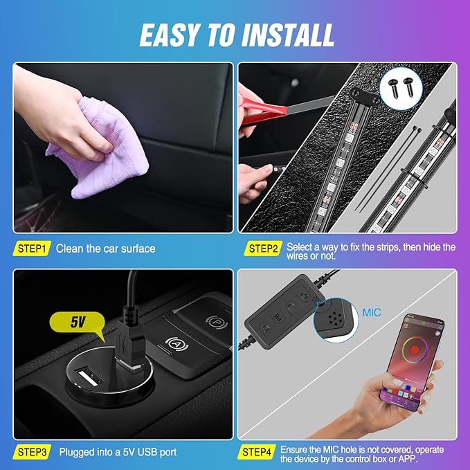 Nilight 72 LED USB Interior Strip Lights Dream Color RGB-IC 12V DC with App RF Remote Control Multicolor Footwell Under Dash Chasing Inside Light Kits 2 Lines Music Sync Mode for Cars Truck ATV UTV