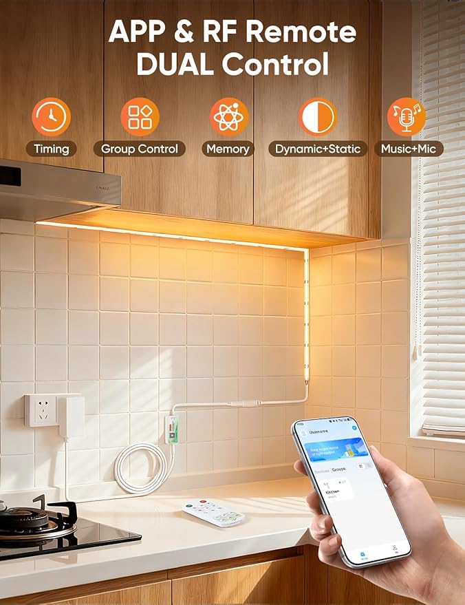 COB LED Strip Lights 2700K Warm White Music Sync LED Lights with DC24V Adapter Remote Smart App Control 16.4ft/5m CRI90+ Ultra Bright LED Rope Lights for Home Bedroom Cabinet DIY Lighting
