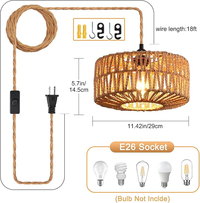 Industrial 15ft Pendant Light Cord -Plug in Hanging Light Fixture, 15FT Farmhouse Pendant Lamp Lights with Switch Cord for Kitchen Island Bedroom Living Room