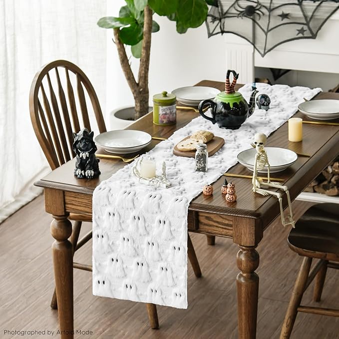 Artoid Mode Ghost Soft Plush Faux Fur Jacquard Halloween Table Runner, Holiday Kitchen Dining Table Decoration for Home Party Decor 13x60 Inch