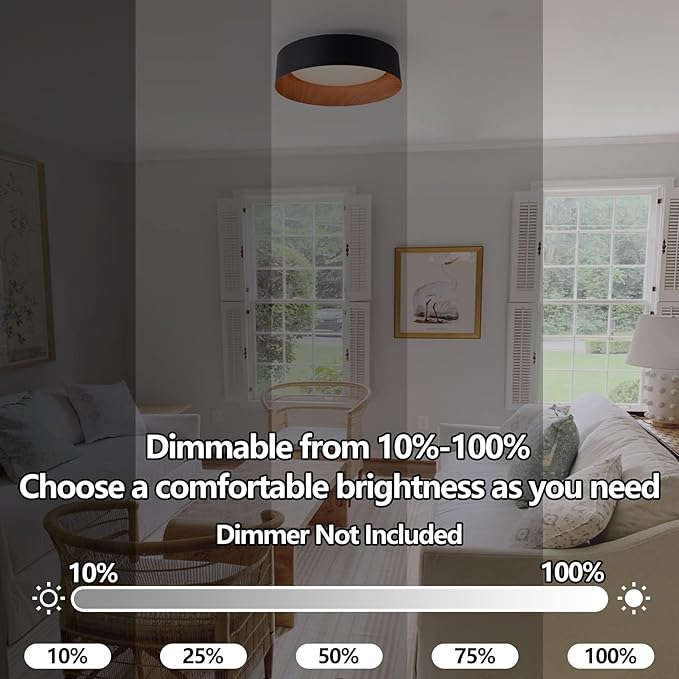 Bargeni Flush Mount Ceiling Light,13 inch Ceiling Light Fixtures,Matte Black with Wood Accent,3000K/Warm White/18W(100w Equiv.),Dimmable LED Lighting Fixtures Ceiling for Kitchen,Outdoor