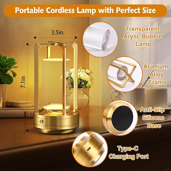 Rechargeable Table Lamp for Outdoor Indoor: Cordless Portable Table Lamps with 3 Color Stepless Dimmable - LED Metal Battery Operated Lantern - Small Table Lamp for Bedroom/Bar/Coffee Shop/Camping