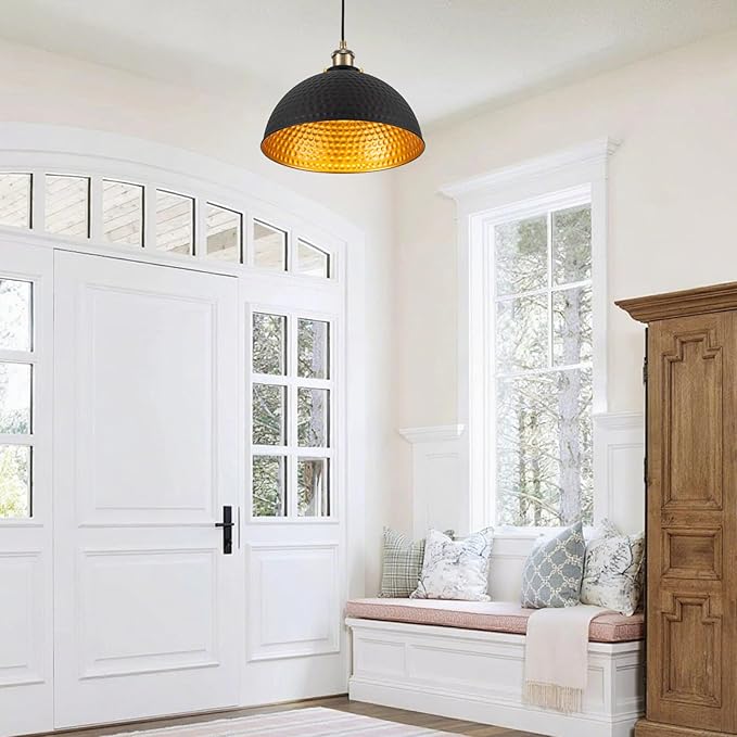 12" Industrial Black Gold Pendant Lights Vintage Dome Pendant Light Fixtures with Golden Finish Rustic Farmhouse Black Pendant Lights for Kitchen Island, Dining Room, Bedroom