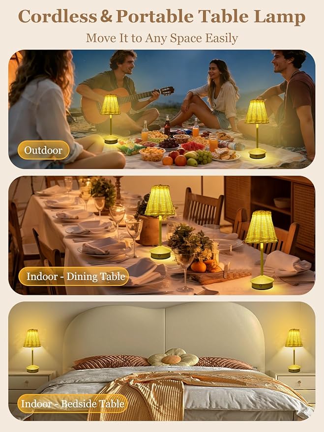 Boho Rattan Table Lamp, Cordless Wicker Woven Vintage Table Lamp - LED Rechargeable Touch Control 3 Color Dimmable Reading Bedside Lamp for Bedroom Living Room Office, Home Outdoor Decor (White-4)