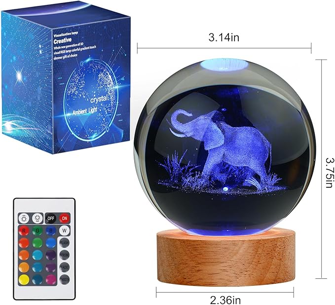 Large 3D Elephant Lamp Crystal Ball Night Light, 16 Color Changing with Remote Control for Bedroom Decor, Ideal Cool Desk Decor Gift for Teens Boys and Girls, Elephant