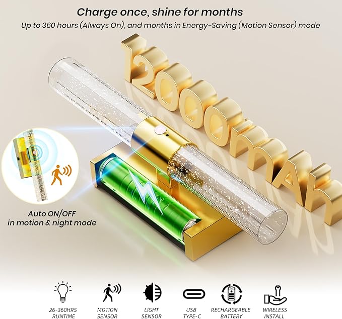 Motion Sensor Wall Sconces Battery Operated, Rechargeable Wall Sconce, 3CCT Battery Wall Sconce, 12000mAh Dimmable with Remote for Bedroom, Living room, Hallway Decor (15.3 inch – Gold - 1 Pack)
