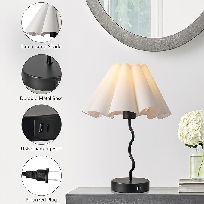 Pleated Table Lamp, Table Lamp for Bedroom, Bedside Lamps for Nightstand with Linen Lampshade, Modern Lamp for Bedroom Home Office Decor, Black