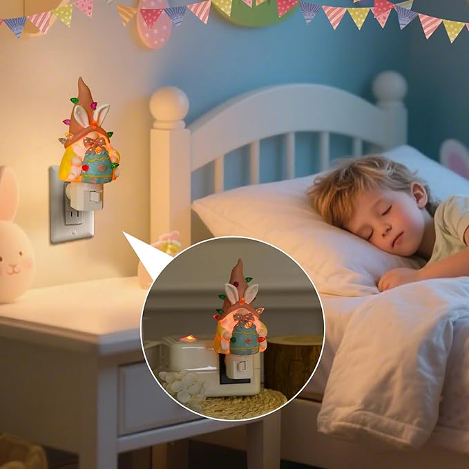 Easter Campfire Flickering Nightlight, Easter Night Light Plug Into Wall with Switch, LED Lamp for Hallway Stair Bedroom Easter Decoration (Pink Gnome)