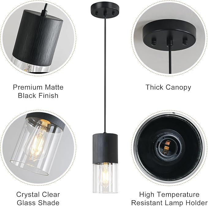 3-Pack Black Pendant Light Fixtures, Adjustable Modern Pendant Lights for Kitchen Island, Industrial Clear Glass Pendant Lights for Dining Table Hallway Bedroom Living Room