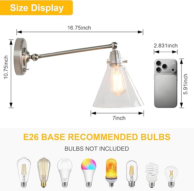 Industrial Vintage Slope Pole Wall Mount Single Sconce with Funnel Flared Clear Glass Shade, Swing Arm Wall Sconce Light Lamp Fixture Hardwired