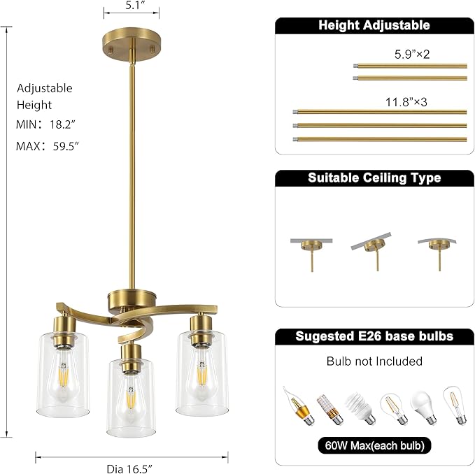 3 Light Brushed Gold Chandelier for Dining Room, Modern Kitchen Island Light Fixtures Over Table, Metal Hanging Pendant Lighting with Clear Glass Shade, Farmhouse Industrial Gold Finish