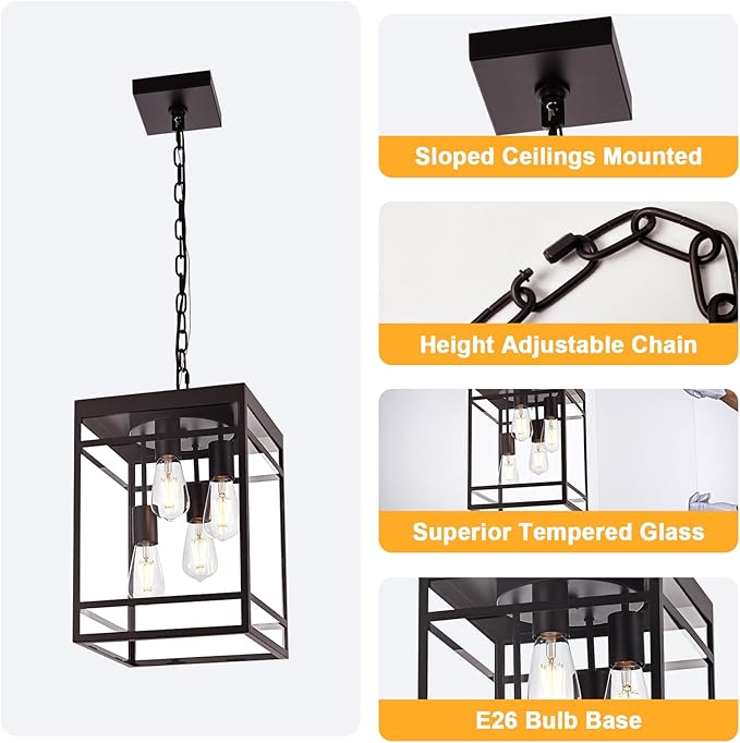 4-Light Outdoor Pendant Lights for Porch, Oil Rubbed Bronze Outdoor Chandelier 15.7'' Exterior Hanging Porch Light Fixtures w/Clear Glass, Waterproof Outside Pendant Lantern for Garage Foyer
