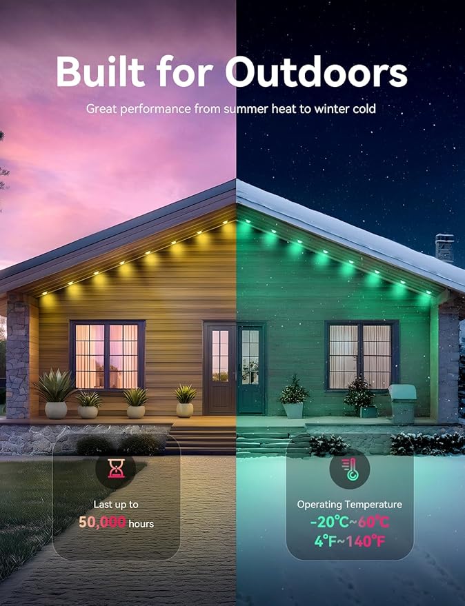 RGB Permanent Outdoor Lights for House, 300FT with 150 LED, IP67 Waterproof LED Lights for Christmas Decorations, Work with Remote, APP