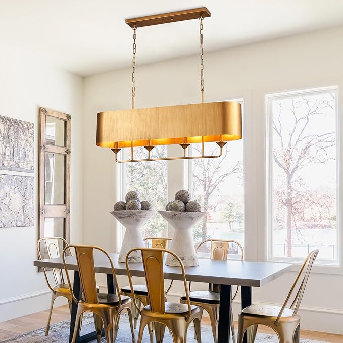 42” Brass Metal Linear Chandelier 4-Lights Adjustable Modern Industrial Pendant Light for Kitchen Island Dining Room Living Room, UL Listed