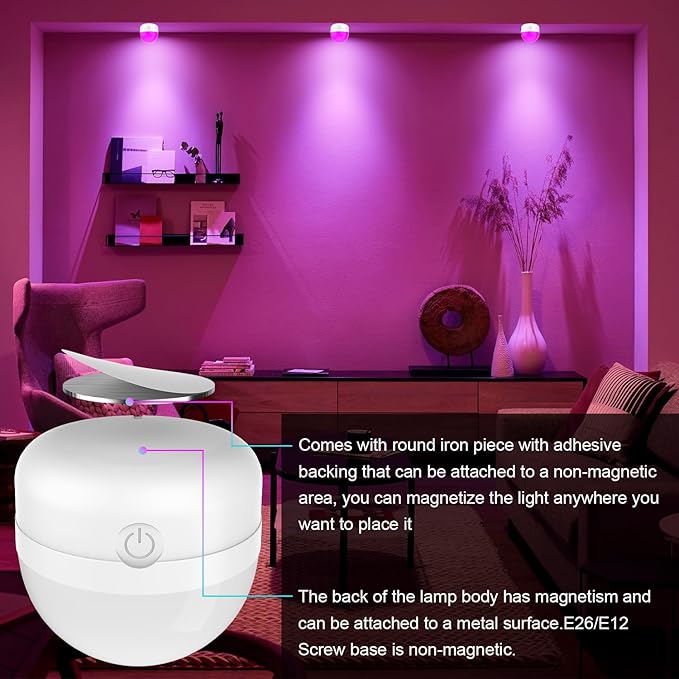 SCOPOW 2Packs E26 Rechargeable Light Bulbs with Remote, 6W 450lm Battery Operated Magnetic Light Bulbs 2500mAh, 15 RGB Color, Timer, Dimmer for Non-Hardwired Lamp