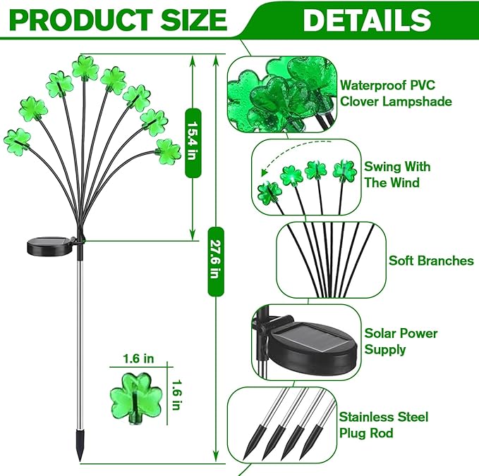 St. Patrick's Day Shamrock Pathway Lights, 8 in 1 Lucky Clover Light with 2 Lighting Modes, Green Firefly Outdoor Decor Solar Powered Swaying Lights Decor for Lawn Yard Garden (Green - Shamrock)