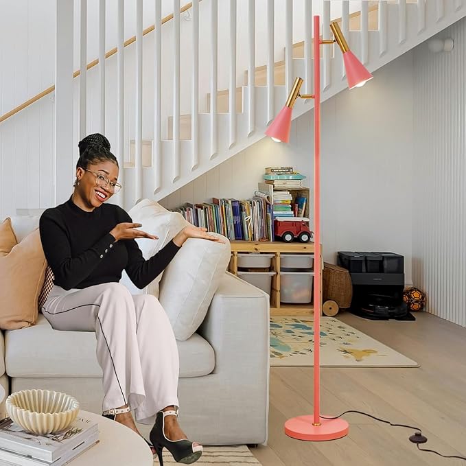 Modern Floor Lamp with 2 Adjustable Head Tall Pole Uplight for Living Room, Bedroom, Office,Pink and Gold Corner Light for Reading (Pink and Gold)