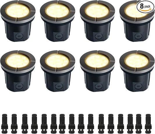 LED Well Lights, 6W 580LM, Warm White (3000K), 12-24V Outdoor In-ground Lights with Wire Connectors, IP65 Waterproof Low Voltage Lighting for Pathway Driveway Deck, ETL Certified, 8-Pack