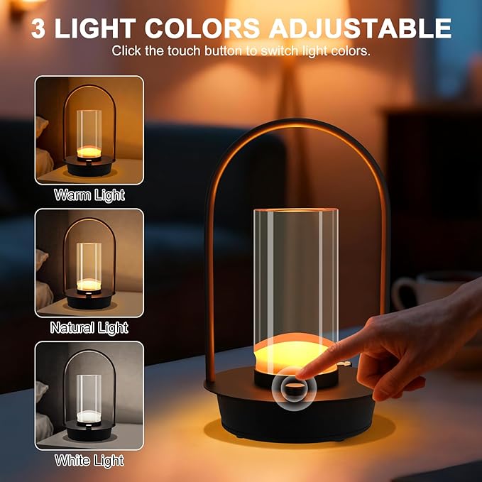Cordless Table Lamp - Portable Lumisom Crystal Lantern with Touch & 3 Color Dimmable, Rechargeable Small Battery Powered Desk Lamp, Kiyagi Crystal Lantern for Bedroom Bedside Patio Camping Bar (Black)