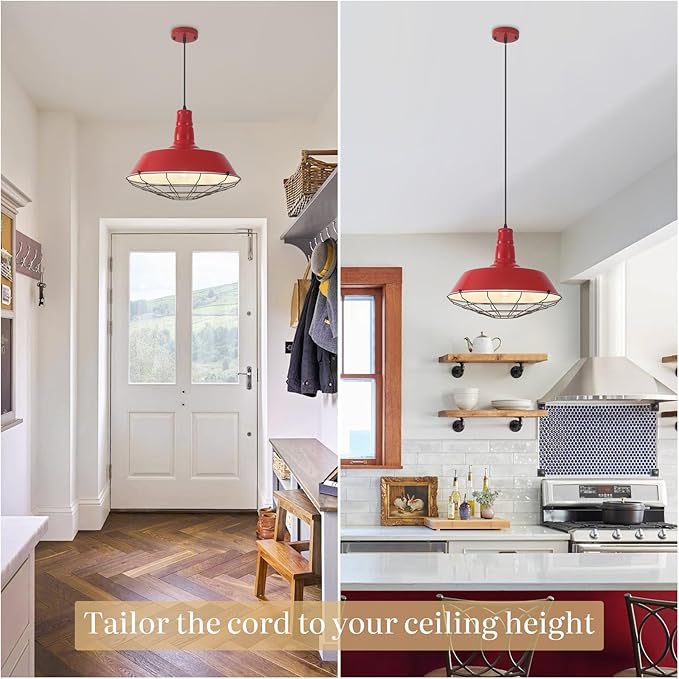 Red Pendant Lights Kitchen Island, 18.1 Inch Large Farmhouse Pendant Light, Oversized Industrial Pendant Light with Wire Cage, Barn Pendant Lights for Kitchen Dining Room (1 Pack)