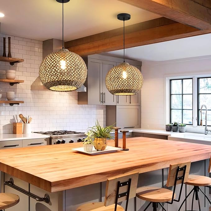 Rattan Pendant Light Fixture,13.79" Boho Rattan Kitchen Island Seagrass Lighting, Hand Woven Coastal Wicker Chandelier,for Farmhouse Dining Room Entryway Foyer 1-Light