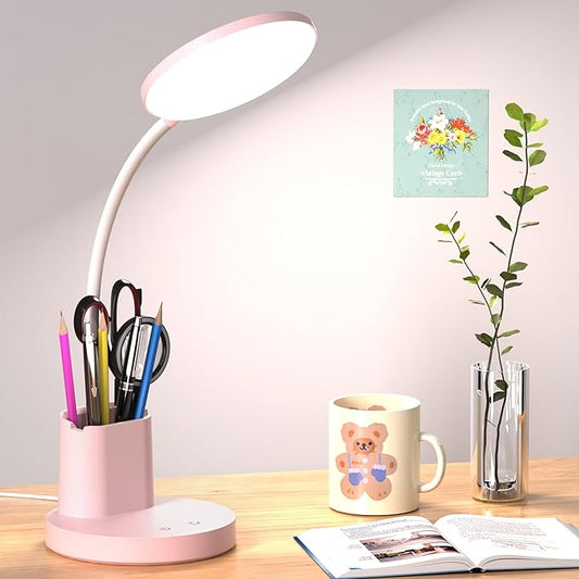 Desk Lamp, LED Desk Lamp for Home Office, Touch Table Lamp with 3 Color Modes 360° Adjustable Arm, Dimmable Desk Light with Pen Phone Holder, Pink
