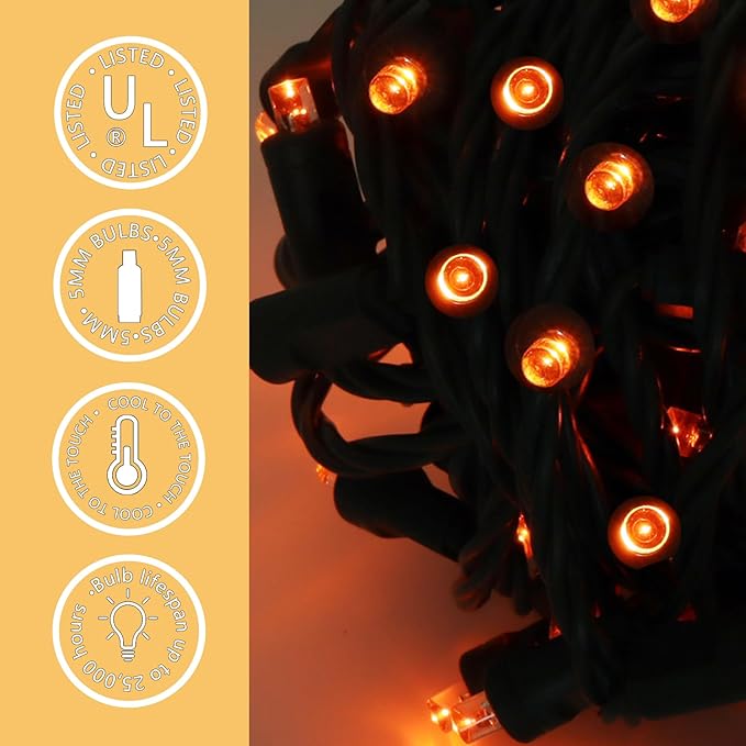 100 LED 5MM Orange Christmas Lights, 33FT Indoor/Outdoor String Light, Mini Lights for Garden, Patio, Christmas Trees - Green Wire, Commercial Grade, UL Listed