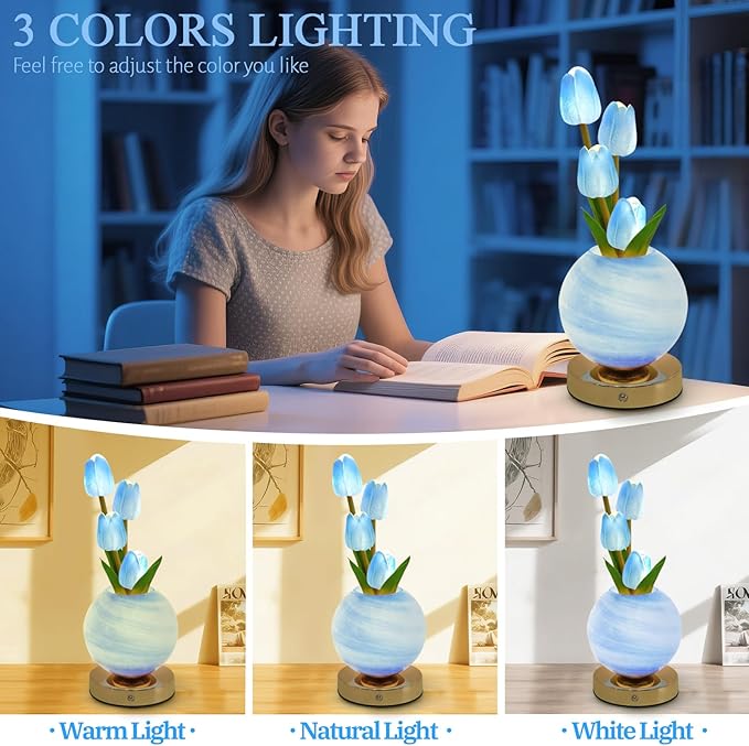 Tulip Table Lamp, Rechargeable Cordless Touch Dimming Artificial Tulip Flower Desk Lamp, LED Flower Bedside Night Light Romantic Gifts for Girl Women Mom (Blue)