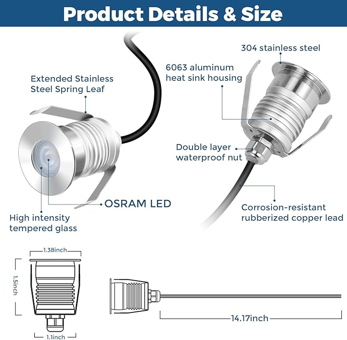 Gardencoin Outdoor Recessed LED Lights, Heavy Duty Soffit and Deck Lighting Flush Mount, 12-24V Low Voltage Landscape In Ground Well Light, Underwater Pond Light, Dimmable Widely Used, 6pack