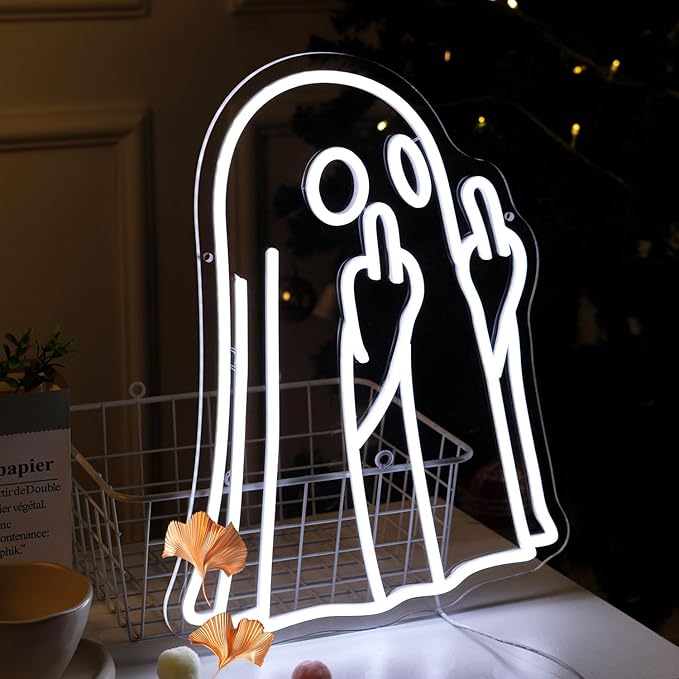 Ghost Halloween Neon Light Sign Spooky Middle Finger LED Lights for Halloween Party Decorations Bedroom Living Room Home Kids Room Man cave Bar Pub Cafe