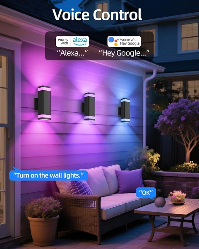 Smart Outdoor RGB Wall Lights, Wi-Fi & App Control Color Changing Up and Down Wall Sconce with Remote, Dusk to Dawn Waterproof Exterior Light Fixture Works with Alexa, Google Assistant, Black Finish