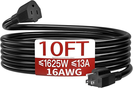 16/3 Short Extension Cord 10 FT, Black Extension Cord Flexible & Durable, Indoor 3 Prong Power Cable, Suitable for Home and Office, 13 Amp 1625 Watt 125VAC 16AWG, ETL Listed