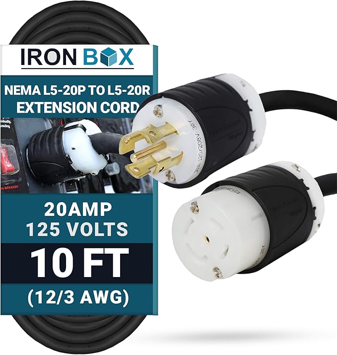 IronBox Electric NEMA L5-20P to L5-20R Power Cord - 20A, 125V, 12/3 AWG SJT - UL Listed Power Cable Adapter - Heavy Duty Extension Cord for Outdoor, Generator, Data Center & More (10 ft, Custom Built)