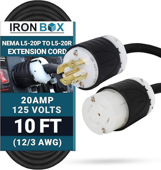 IronBox Electric NEMA L5-20P to L5-20R Power Cord - 20A, 125V, 12/3 AWG SJT - UL Listed Power Cable Adapter - Heavy Duty Extension Cord for Outdoor, Generator, Data Center & More (10 ft, Custom Built)