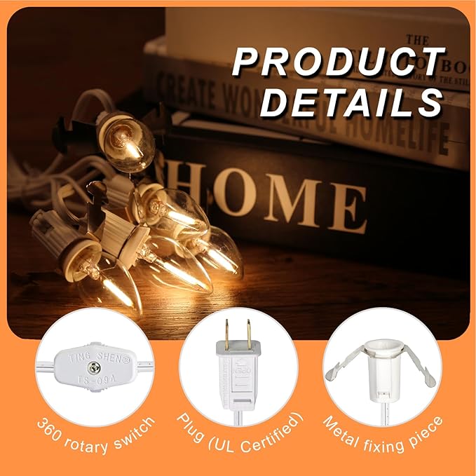 C7 String Bulbs Christmas Village Light Accessory Cord 5 Base with 5 LED Light Bulb Universal Clip White Cord with On/Off Spare Fuse Switch Plugs for Decorations Christmas Village House