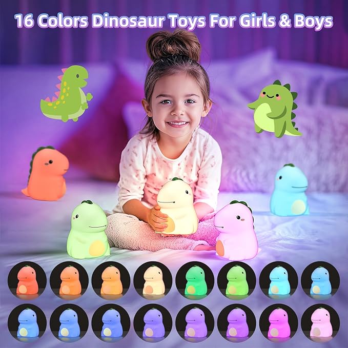 Dinosaur Kids Night Light, 16 Colors Silicone Nursery Touch Lamp, 3 Level Dimmable Squishy Nightlight, Cute Touch Bedside Lamp, Rechargeable Dino Room Decor Gifts for Baby Toddler Boys Girls