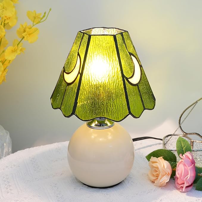 Mushroom Lamp Tiffany Lamp Stained Glass Table Lamp Moon Cute Small Bedside Lamps for Living Room Home Decor,Unique Aesthetic Home Living Room Decor Girls Women Birthday Day Gift,Green