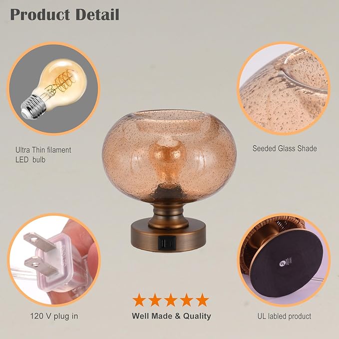 Mid Century Glass Table Lamp,Dimmable Desk Lamp,LED Bulb Included,Touch Control & USB A+C Port,Cognac Amber Seeded Glass