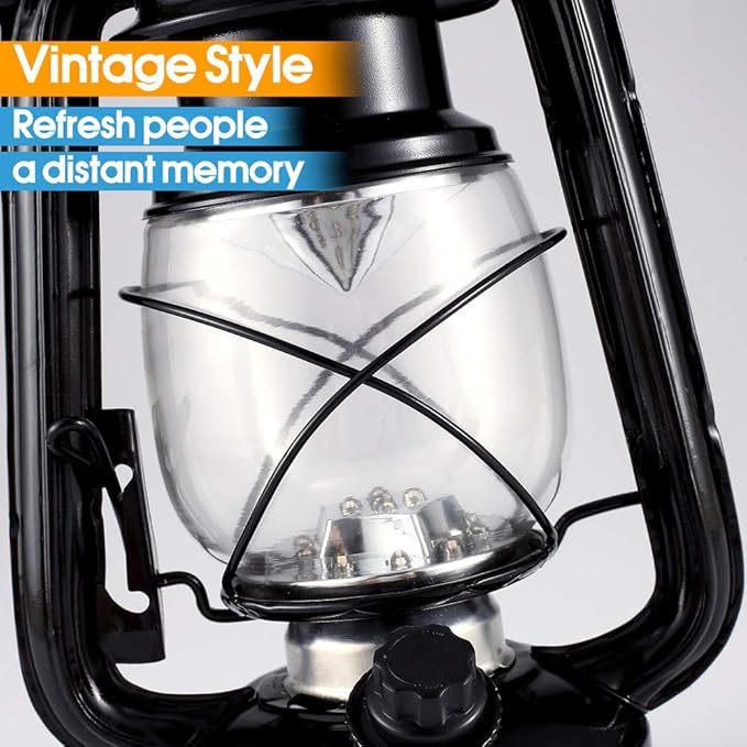 Vintage LED Hurricane Lantern, Warm White Battery Operated, Antique Metal Hanging With Dimmer Switch, 15 LEDs, 150 Lumen for Indoor or Outdoor Usage (Black)