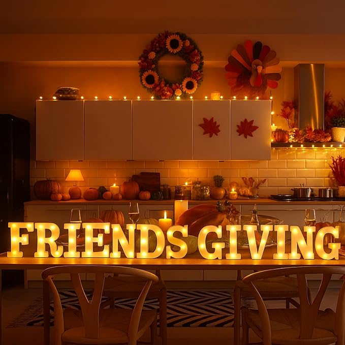 Honoson 13 Pcs Friendsgiving Party Decorations Letter Lights Sign LED Marquee Lights Table Decoration for Friends Themed Party Friendsgiving Decorations Thanksgiving Fall Decor
