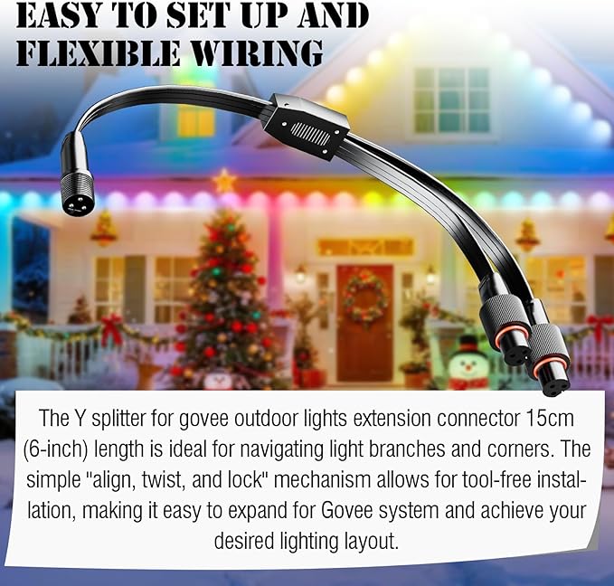1 Male to 2 Female Y-Splitter for Govee Permanent Outdoor Lights Y-Shaped IP68 Waterproof Connector Compatible with Govee H705A H705B H705C H805A H805B H805C 3-Pin Extension Cable Cord (Black)